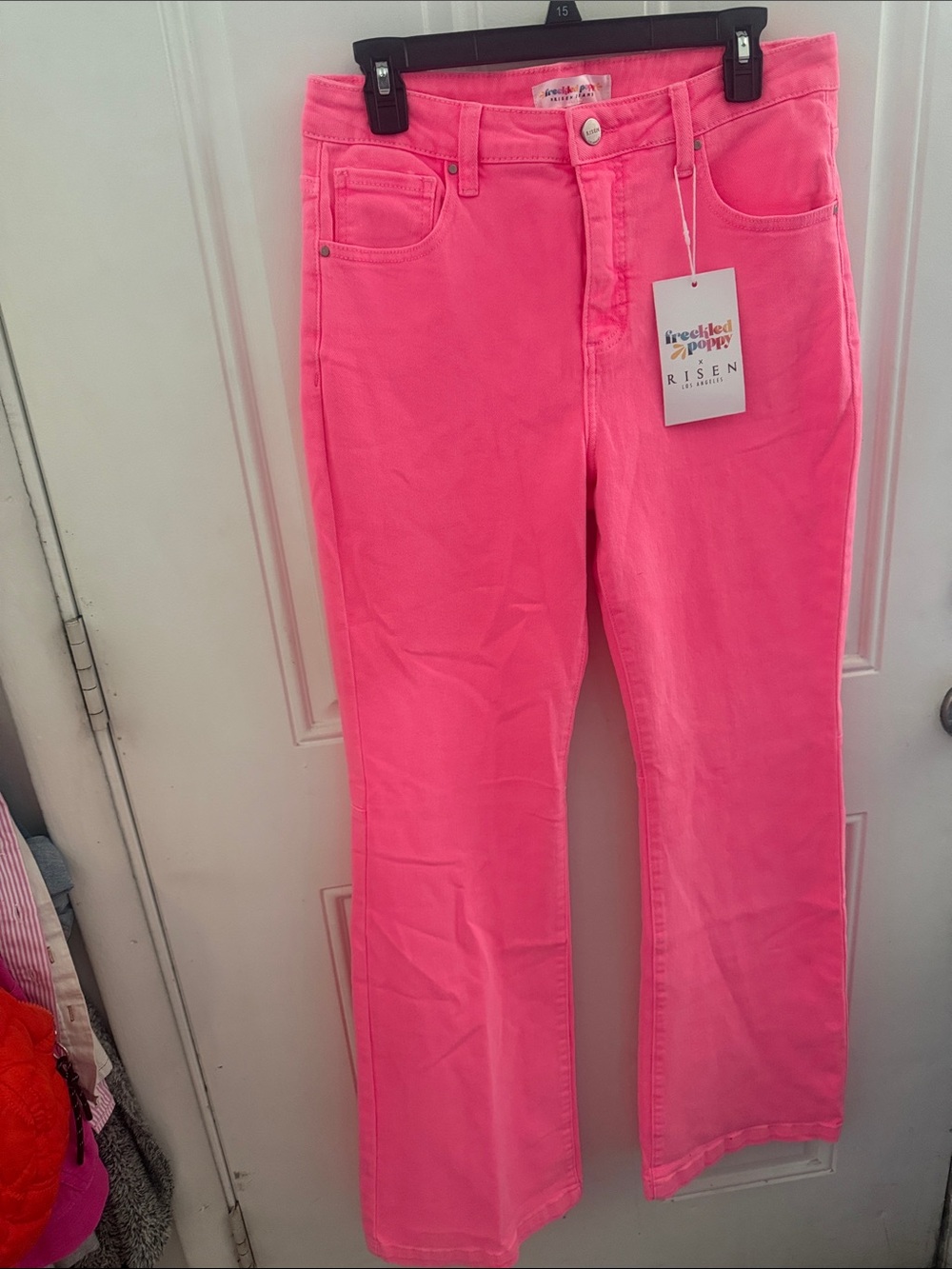 Risen freckled poppy High-Rise Hot Pink Flare Jeans 11/30